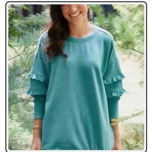 Matilda Jane Wonderment Our Song Sweatshirt 3/4 Ruffle Sleeve Size L Teal Blue